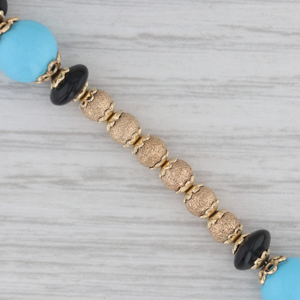 Gray Simulated Turquoise Onyx Beaded Strand Bracelet 14k Yellow Gold 7.75"