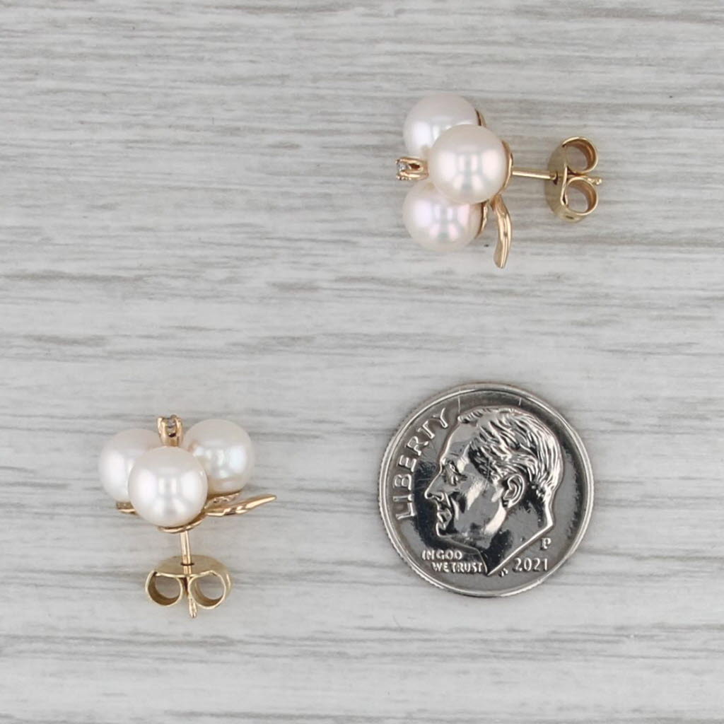 Cultured Pearl Diamond Clover Flower Cluster Stud Earrings 14k Yellow Gold Studs
