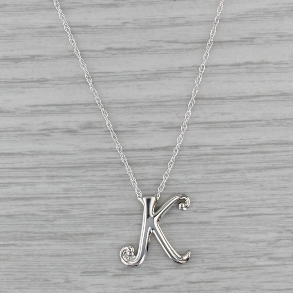 Letter Initial K Pendant Necklace Sterling Silver Cable Chain 16.5-18.5"