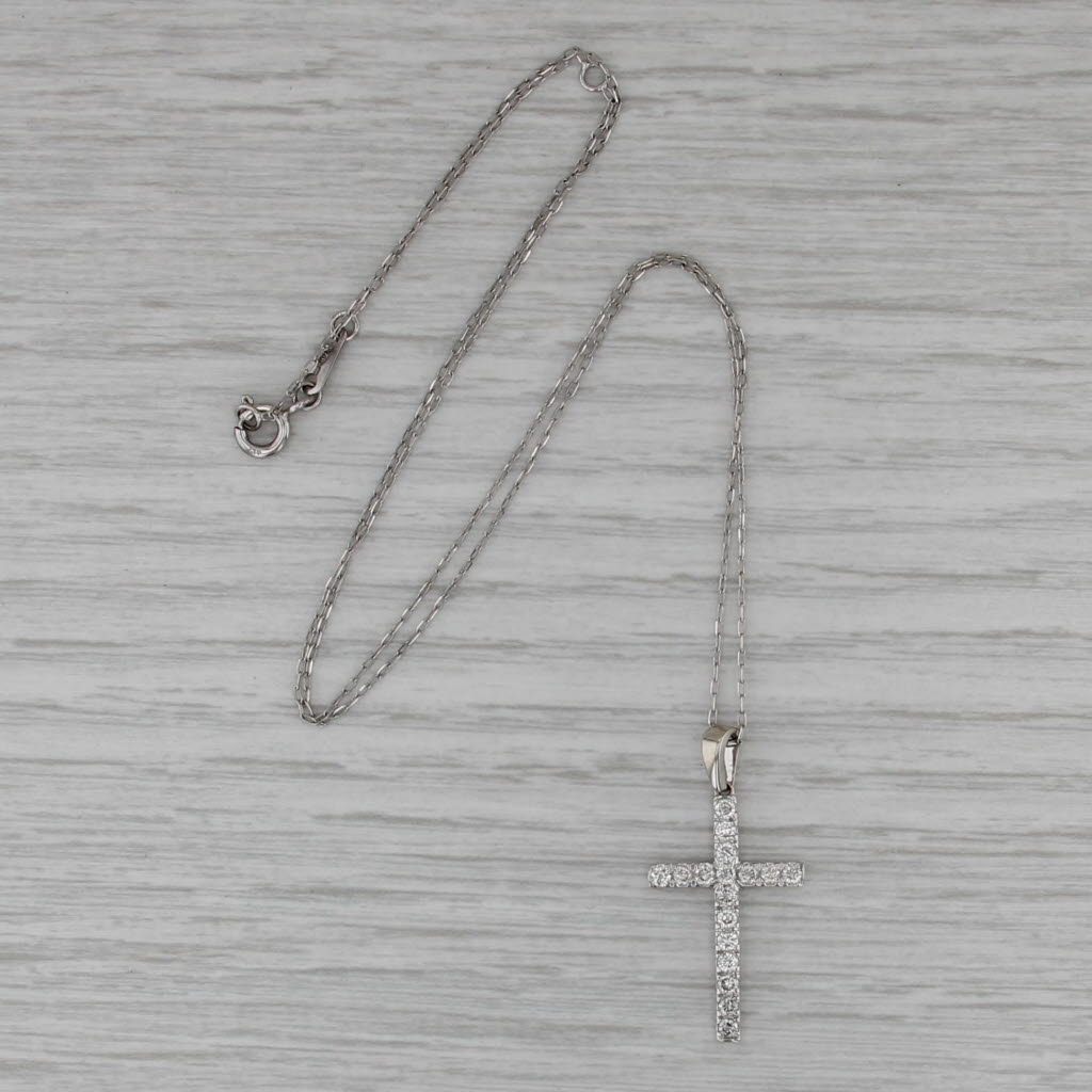 0.38ctw Diamond Cross Pendant 10k White Gold 16.5-18.75" Cable Chain