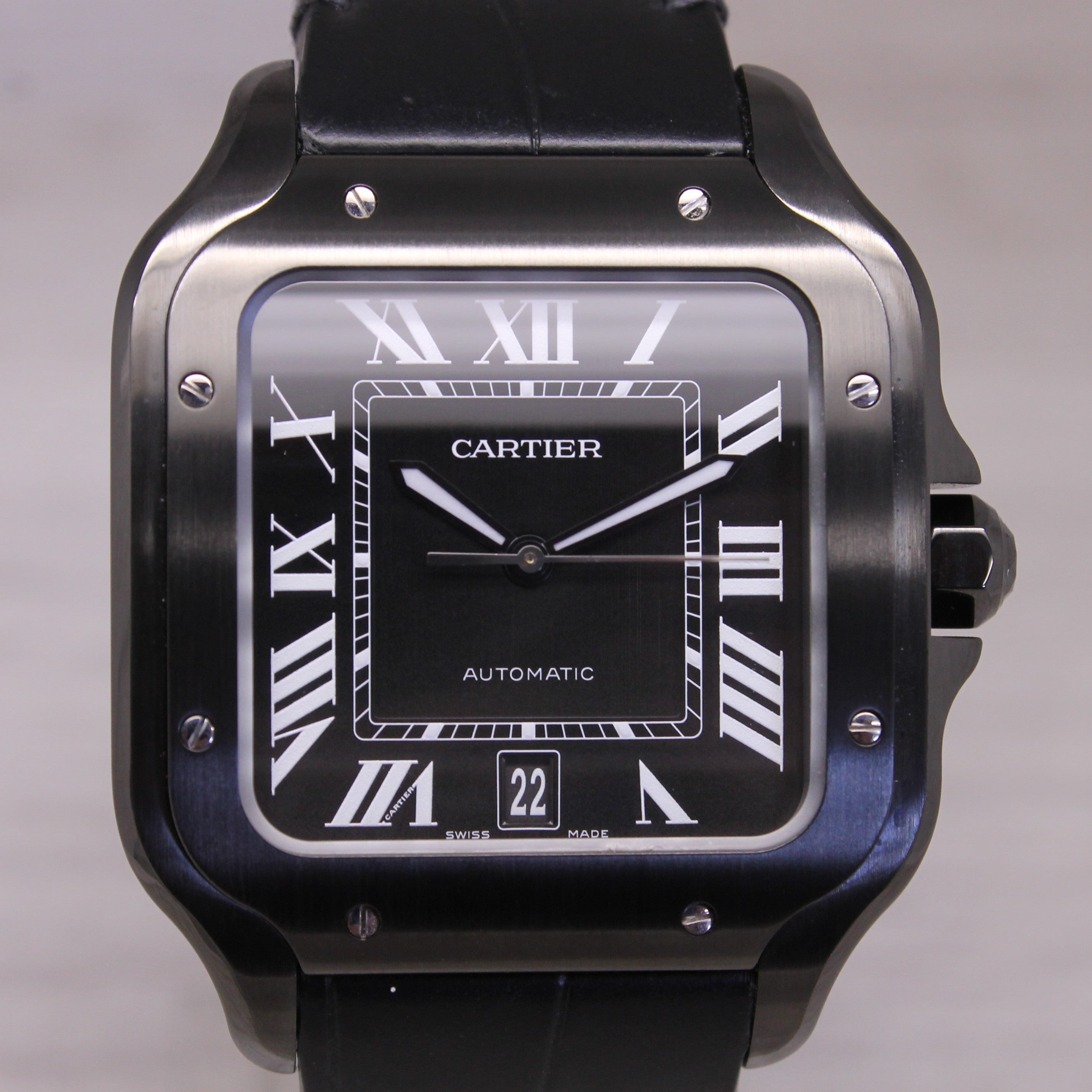 Cartier Santos Black ADLC WSSA039 Mens Automatic Watch w Box Card Extra Strap