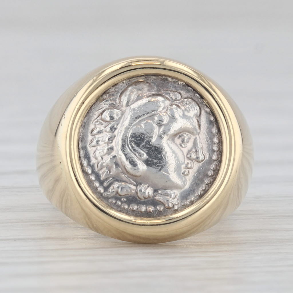 Light Gray Figural Coin Copy Ring 18k Yellow Gold Silver Size 4 Signet