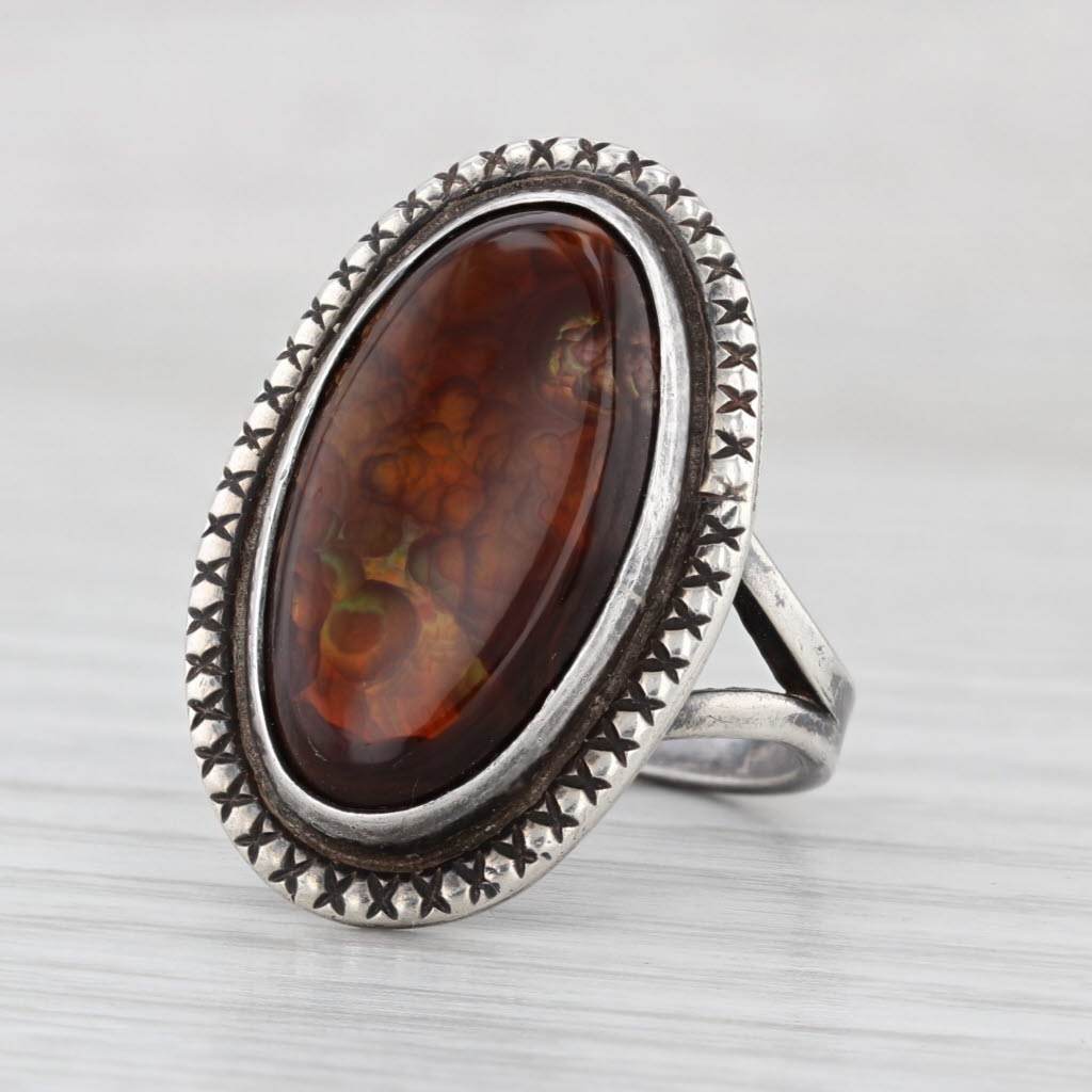 Vintage Native American Signed Fire Agate Ring Sterling Silver Size 8.75