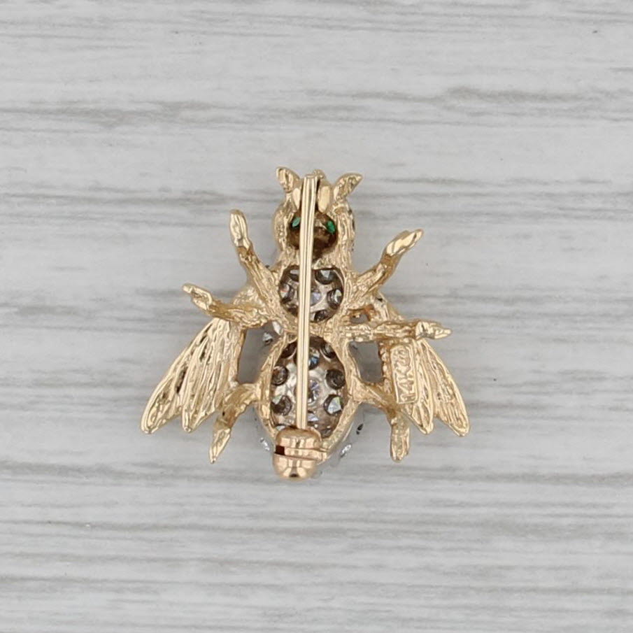 0.70ctw Diamond Cluster Bee Pin 14k Yellow Gold Emerald Eyes Artisan Signed
