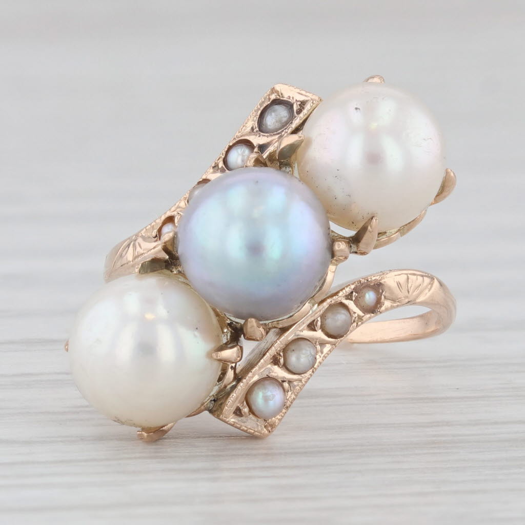 Light Gray Vintage 3-Stone Cultured Pearl Bypass Ring 14k Yellow Gold Cocktail Size 5