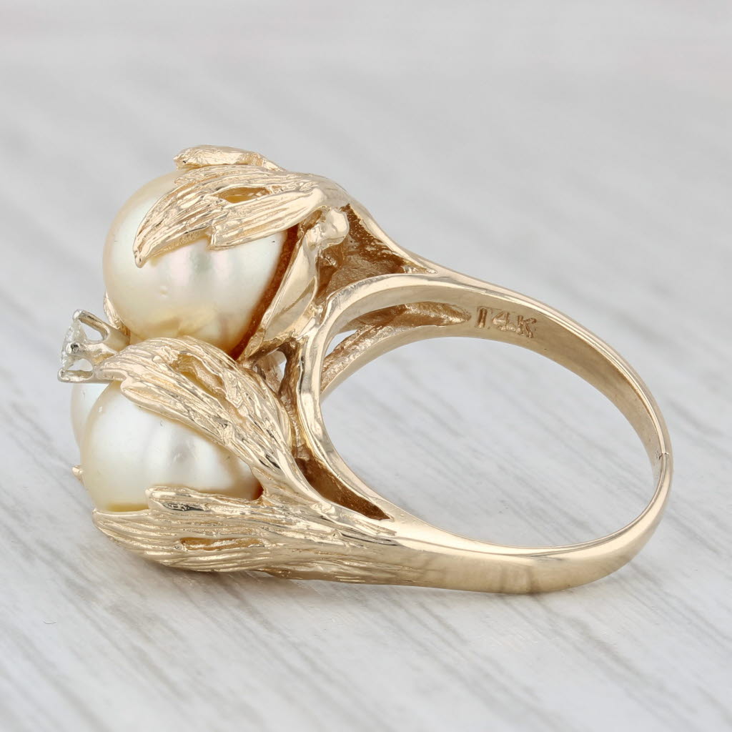 Light Gray Floral Cultured Pearl 3-Stone Cluster Diamond Ring 14k Yellow Gold Size 5