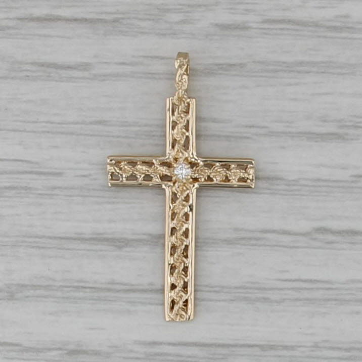 Diamond Accented Cross Pendant 14k Yellow Gold Rope Pattern