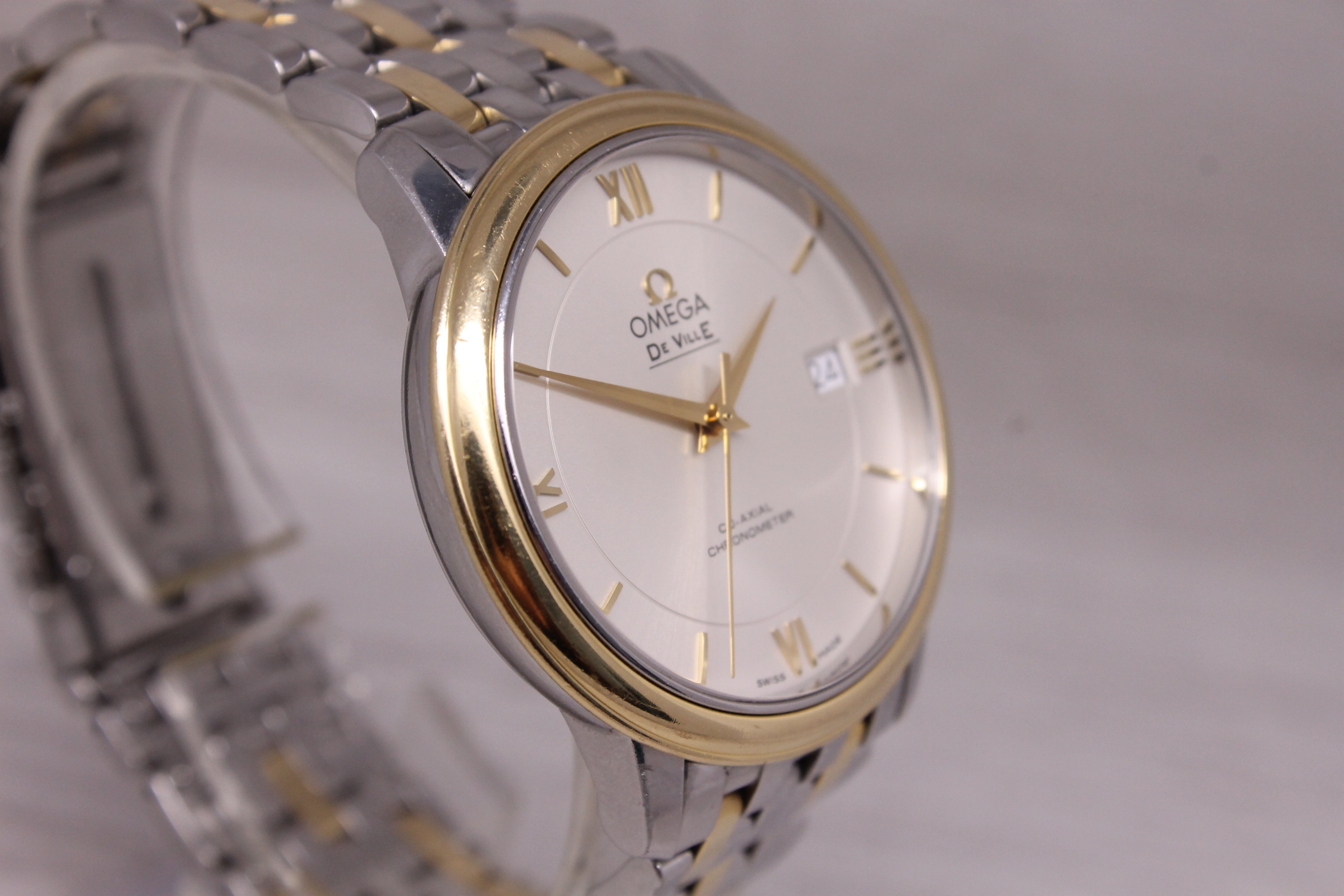 Omega DeVille Co-Axial 37mm Mens Steel 18k Gold Automatic Watch Bracelet Box Set