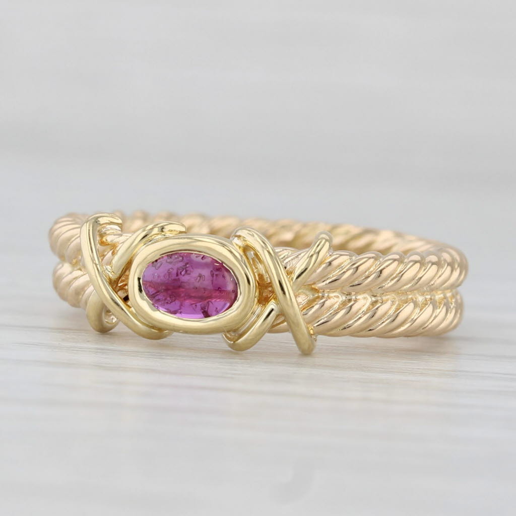 Light Gray Ruby Cabochon Solitaire Ruby Double Rope Band Ring 18k Yellow Gold Size 6