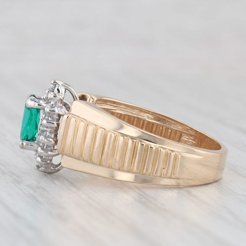 0.47ctw Lab Created Emerald Diamond Halo Ring 14k Gold Beveled Band Size 6.5