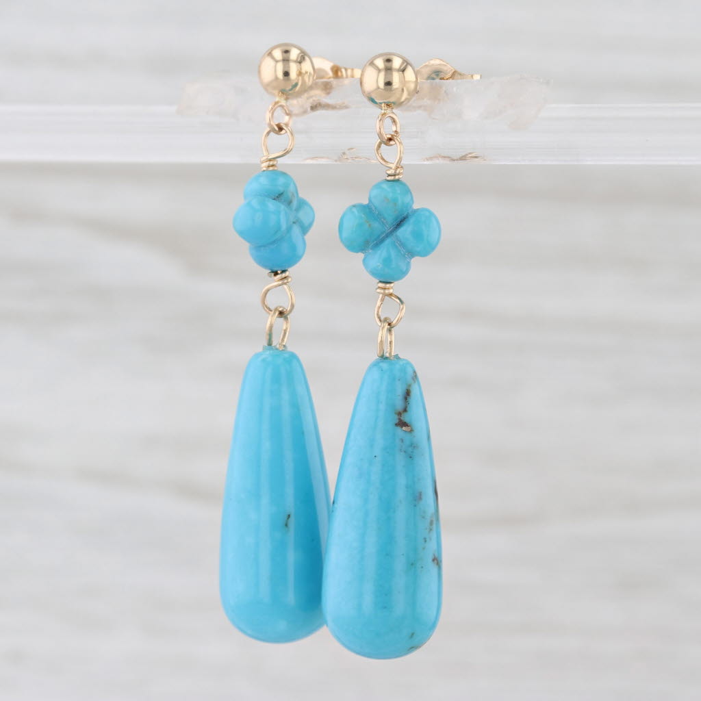 Turquoise Teardrop Flower Dangle Earrings 14k Yellow Gold Drops