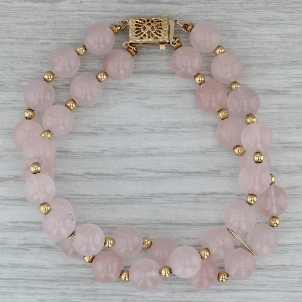 Dark Gray Rose Quartz Double Bead Strand Bracelet 14k Yellow Gold 6.75"