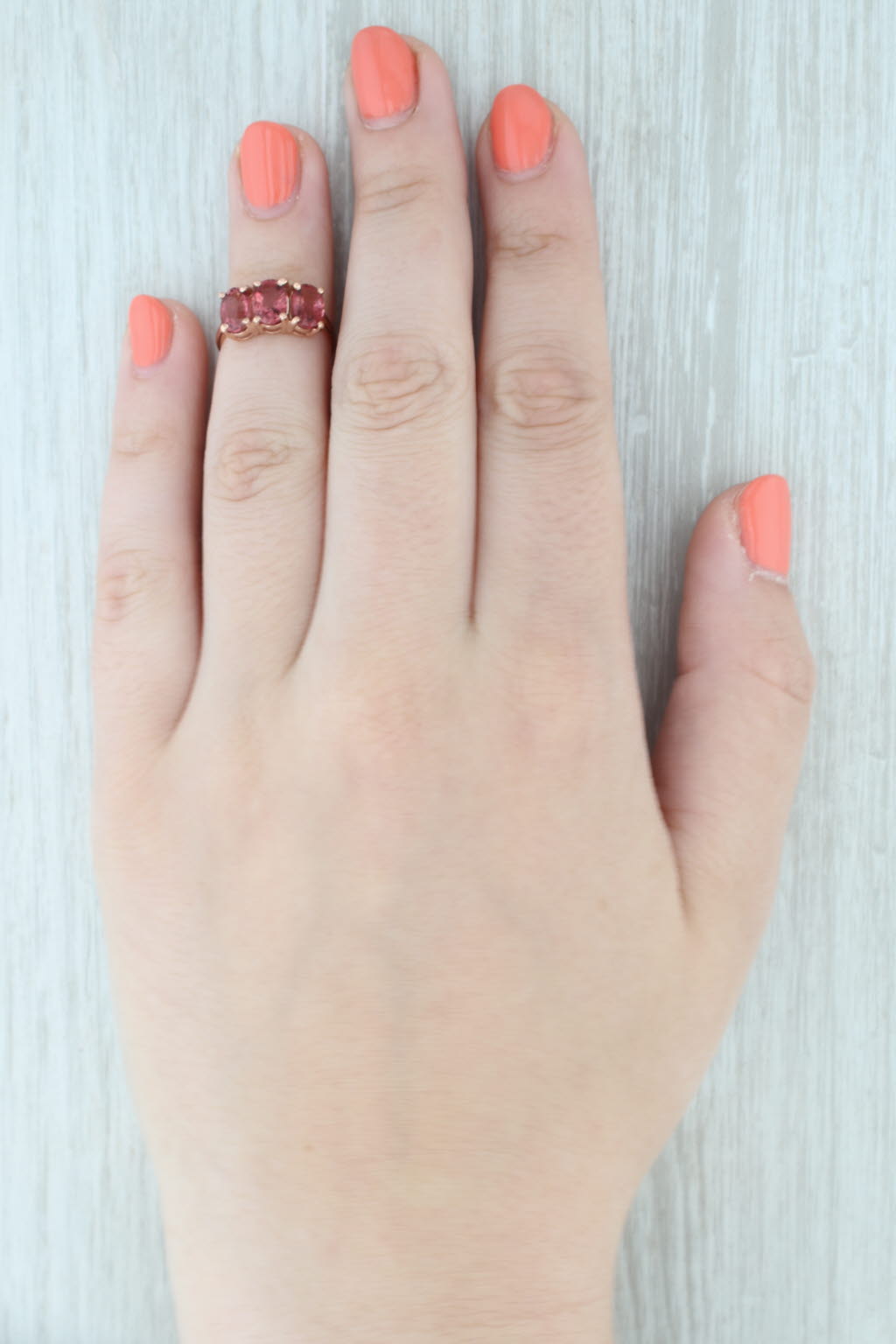Light Gray 2.65ctw 3-Stone Pink Tourmaline Ring 10k Rose Gold Size 5.25 Jacque Christie
