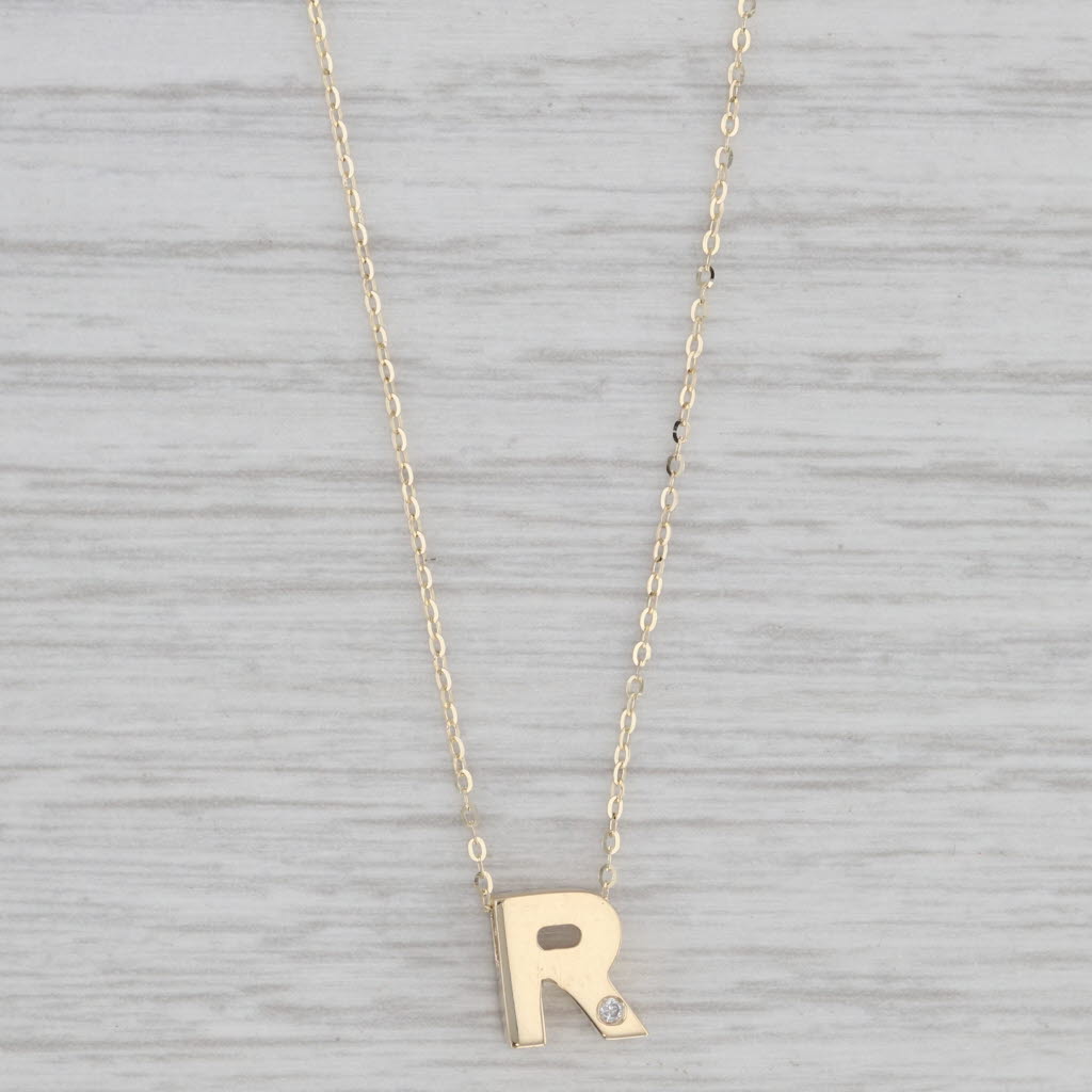 Gray Letter Initial "R" Pendant Necklace 14k Yellow Gold Diamond Accent 16-18" Cable