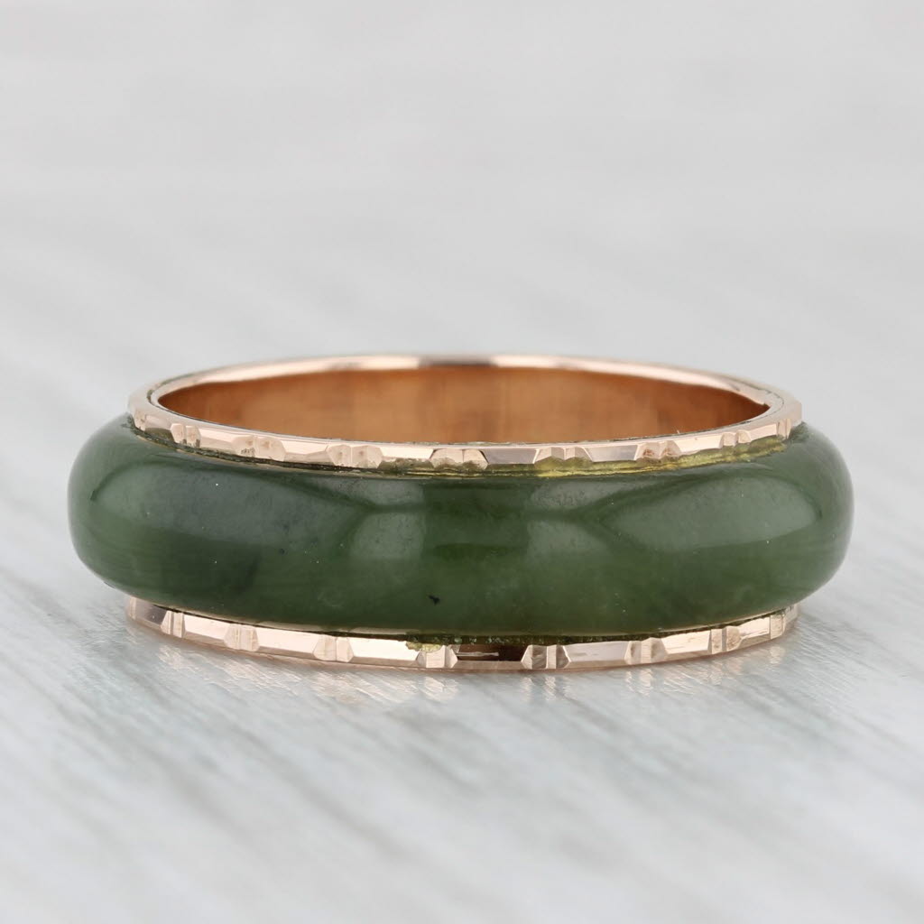 Light Gray Green Nephrite Jade Band Gold Bamboo Pattern 14k Size 8.25 Ring