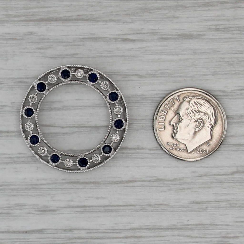 0.68ctw Blue Sapphire Diamond Circle Pendant 10k White Gold Floating Drop