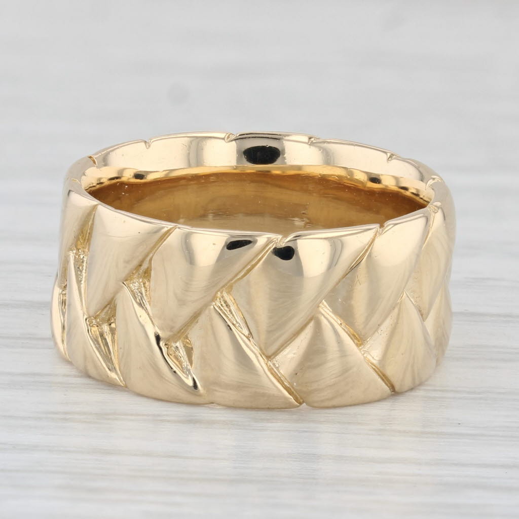 Light Gray Basket Weave Solid Gold Wide Band Ring 18k Yellow Gold Size 5 1/4