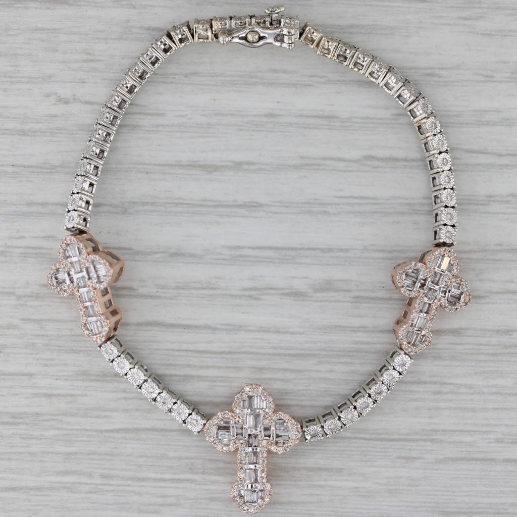 Gray 1.18ctw Diamond Cross Tennis Bracelet 10k White Rose Gold 6.5"