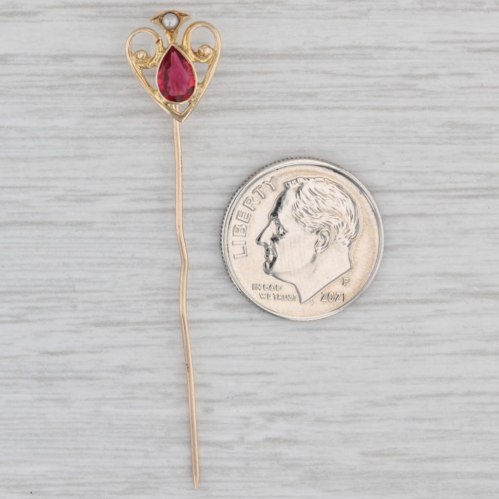 Gray Simulated Pearl Ruby Glass Stickpin 10k Yellow Gold Antique Pin