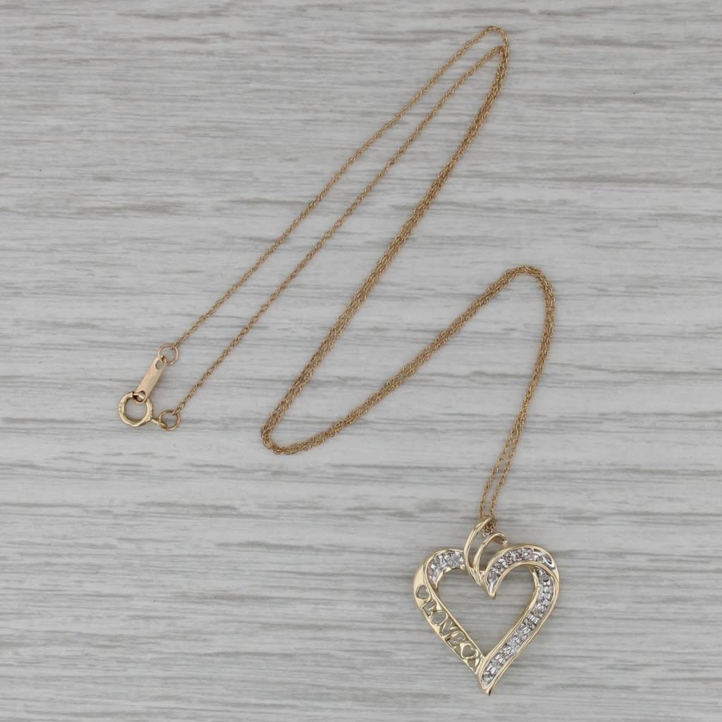 0.10ctw Diamond LOVE Heart Pendant Necklace 14k Gold Rope Chain Jewelry Channel