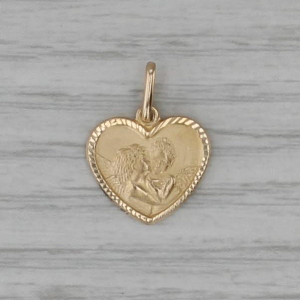 Kissing Cherubs Heart Pendant 14k Yellow Gold Small Charm Guardian Angels