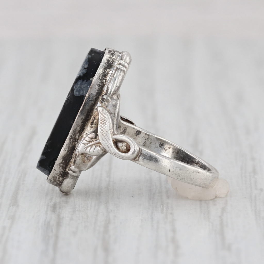 Vintage Obsidian Glass Snowflake Signet Ring Sterling Silver Size 4 Leaf Accents