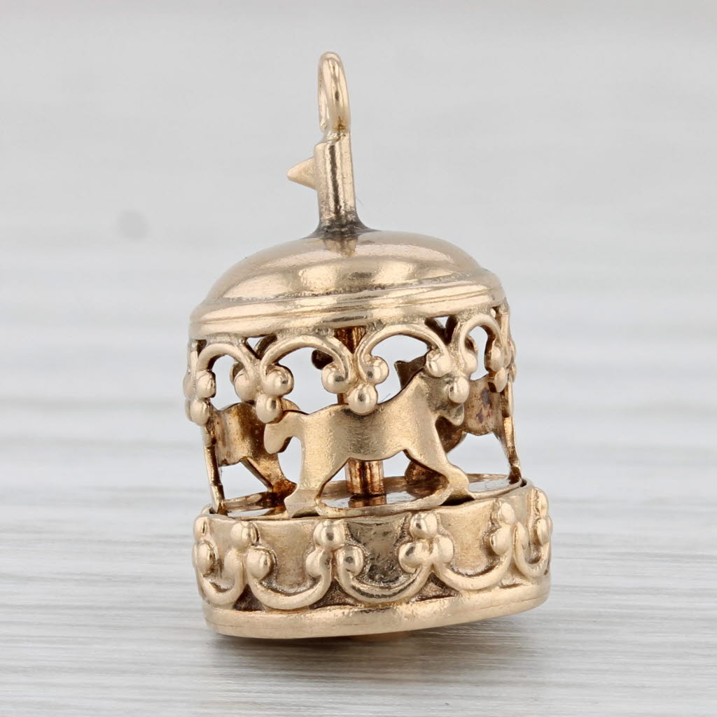 Light Gray Carousel Charm 14k Yellow Gold 3D Spins Vintage Pendant