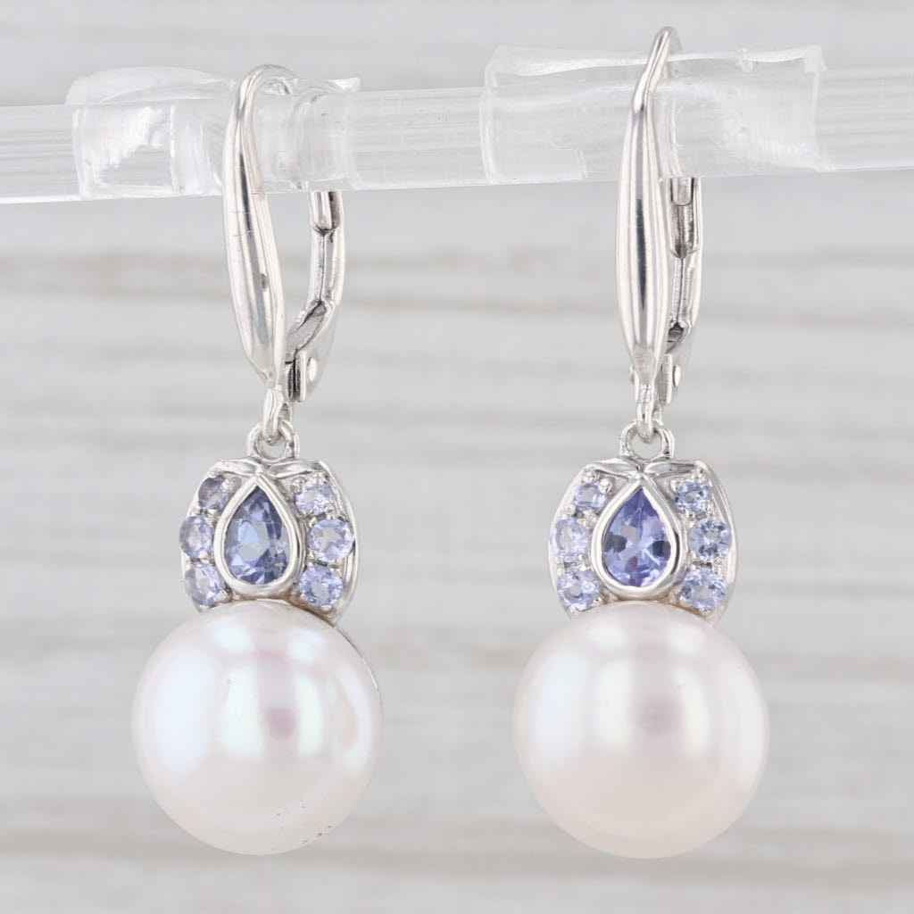 Light Gray Cultured Pearl Tanzanite Dangle Earrings Sterling Silver Honora Lever Backs