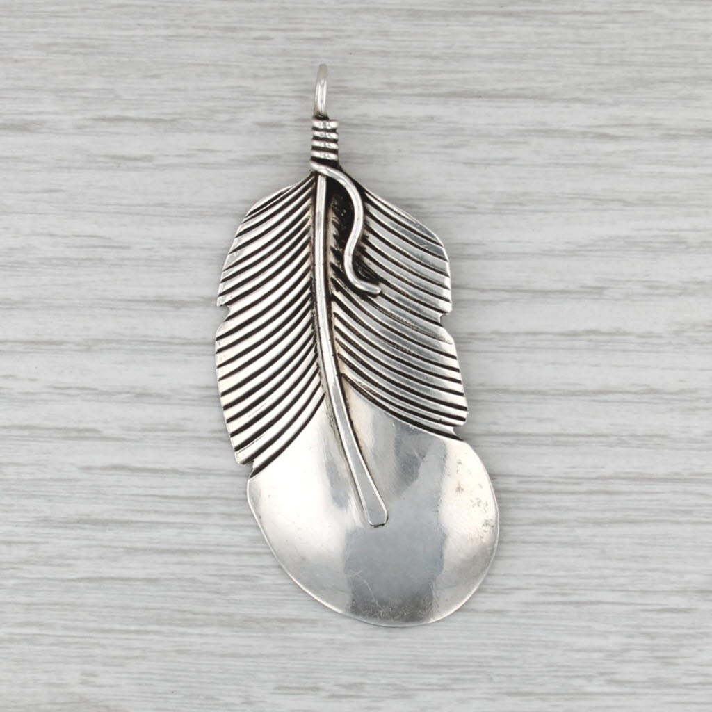 Vintage Navajo Large Feather Pendant Sterling Silver Native American Statement