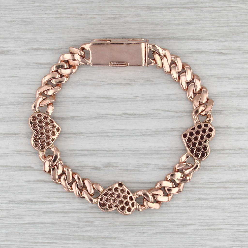 1.77ctw Pave Diamond Hearts Station Bracelet 10k Rose Gold 7.75" Curb Chain