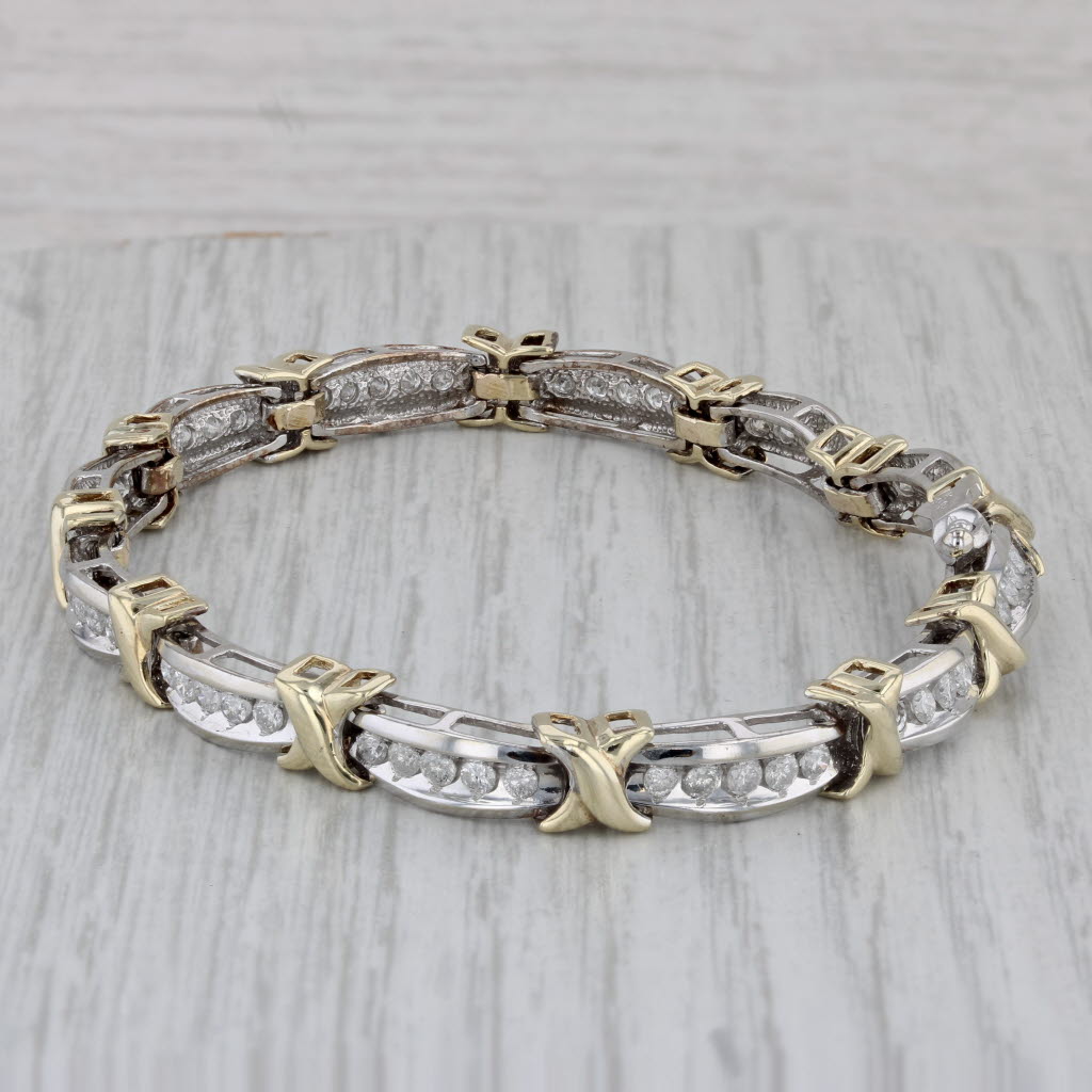 Gray 1.70ctw Diamond Bar X Links Bracelet 10k White Yellow Gold 7.25" 6.4mm