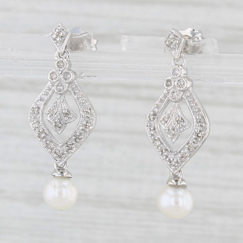 Light Gray Cultured Pearl Diamond Dangle Earrings 10k White Gold Vintage Style Drops