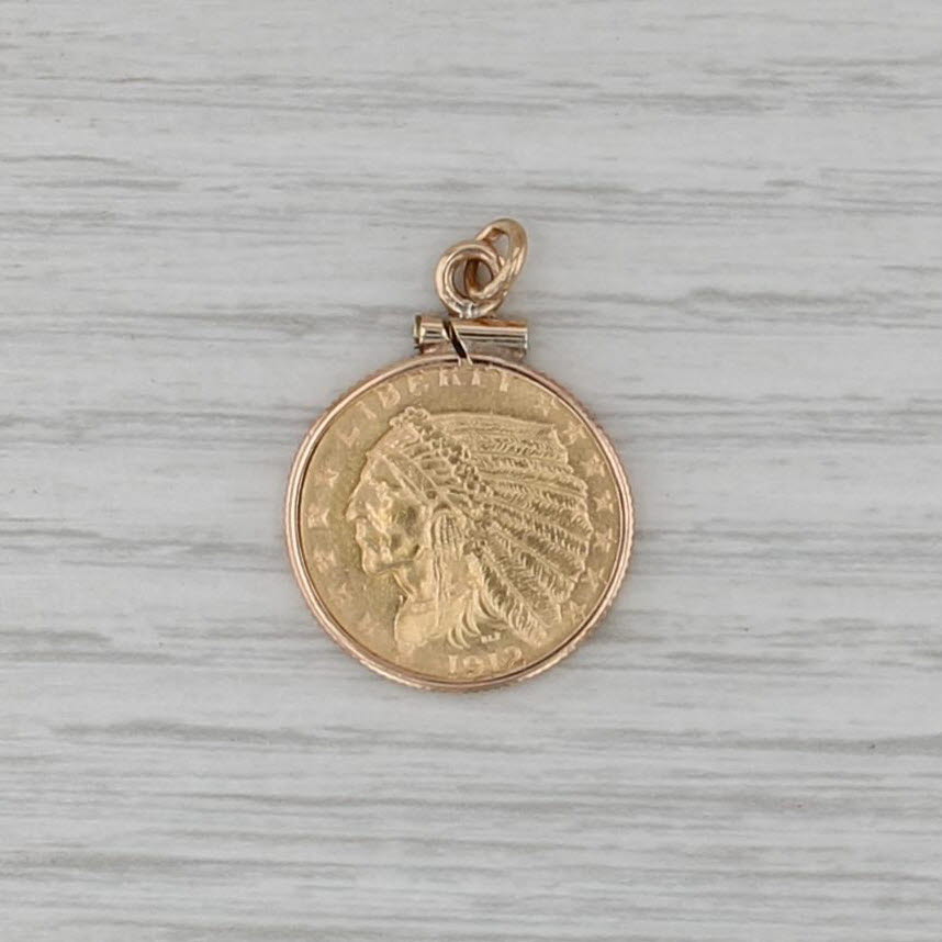 Authentic 1912 Indian Head $2.50 Coin Pendant 90% Gold Coin Gold Filled Bezel