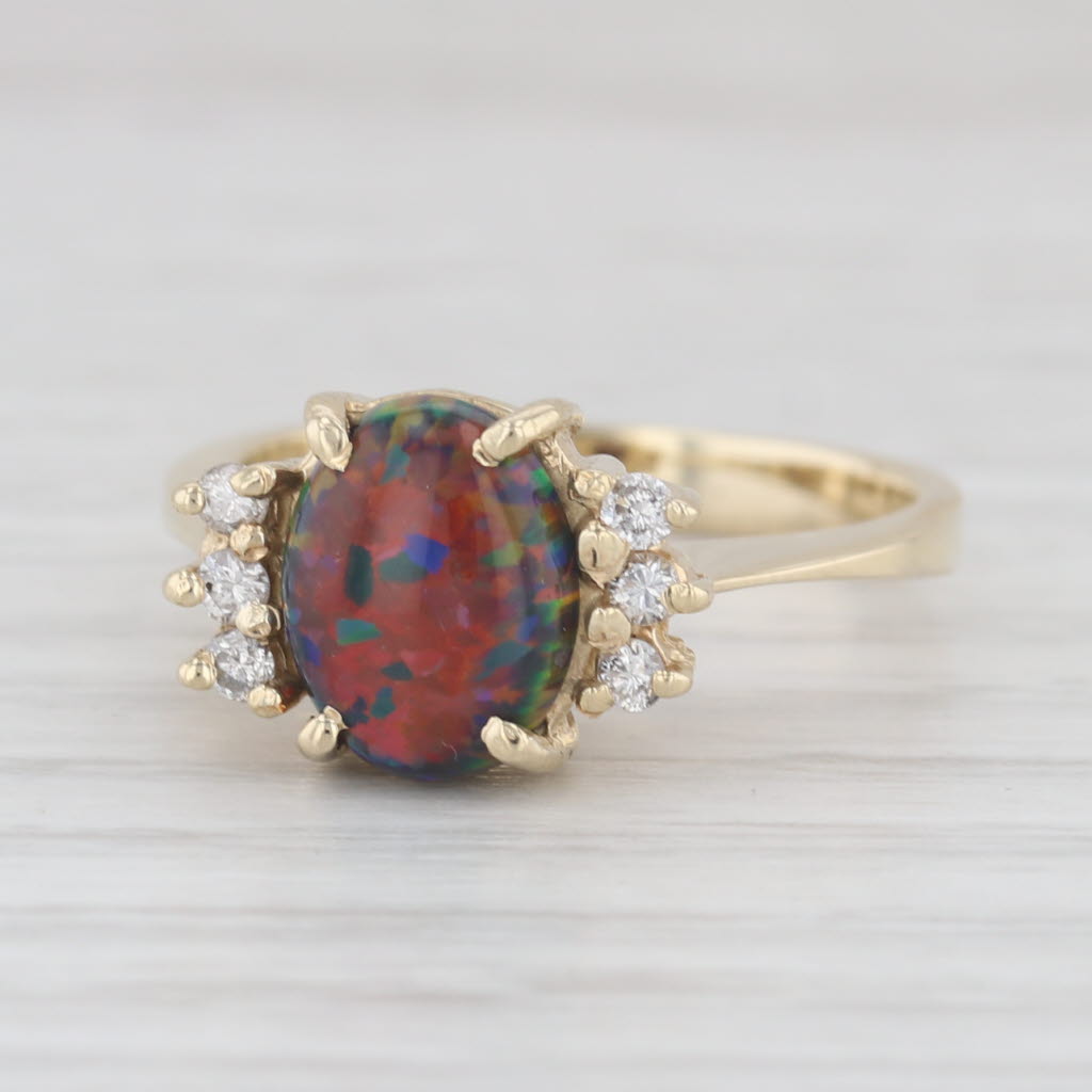 Light Gray Lab Created Black Opal Diamond Ring 14k Yellow Gold Size 6