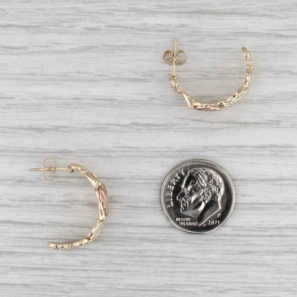 Black Hills Gold Half Hoop Earrings 10k Yellow Green Rose Gold Floral Leaf Motif