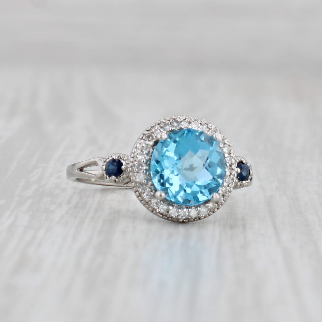 Light Gray 2.51ctw Blue Topaz Sapphire Diamond Halo Ring 14k White Gold Size 7