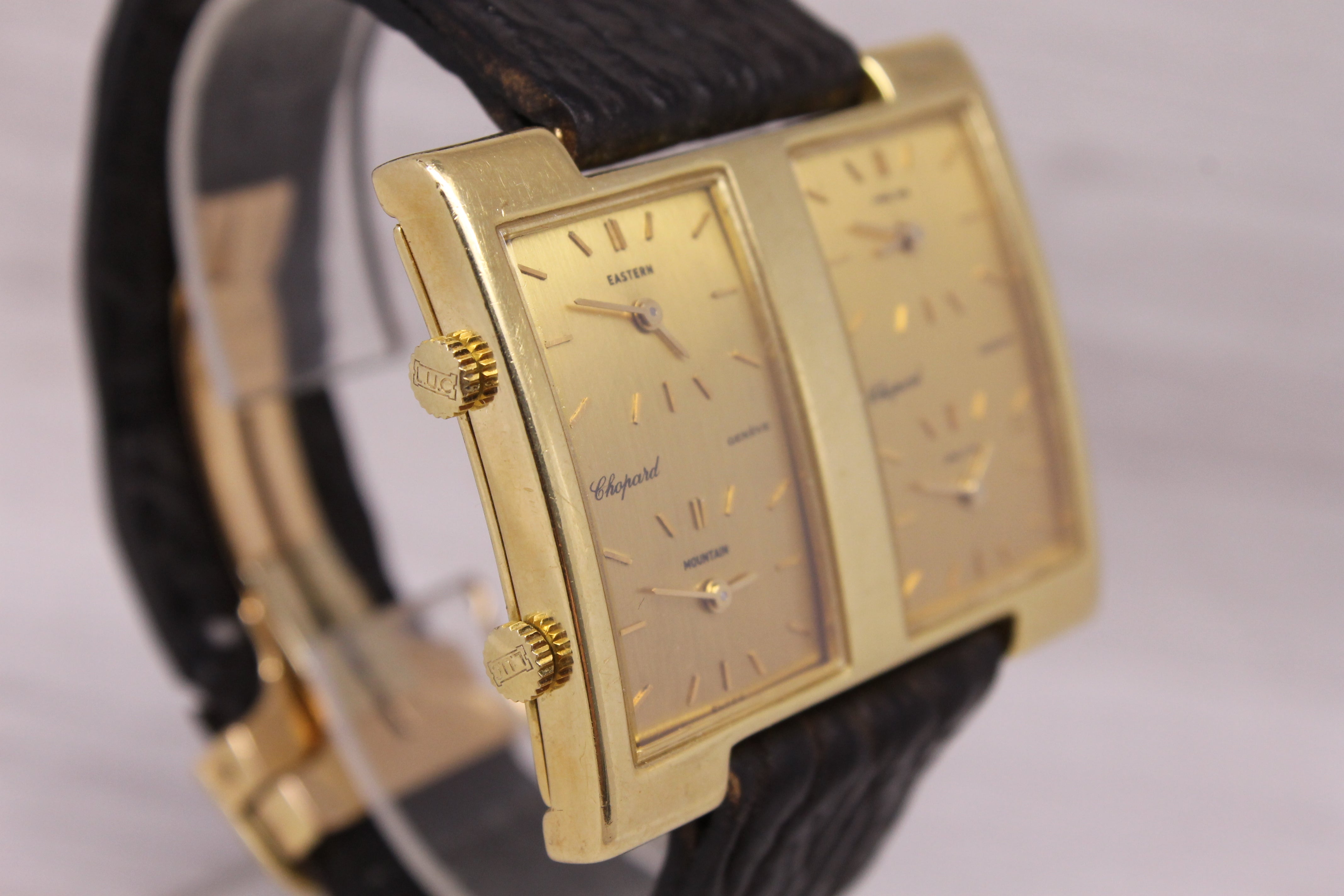 Vintage 1970s Chopard 4 Time Zone 18k Yellow Gold Mens Watch w Cartier Deployant