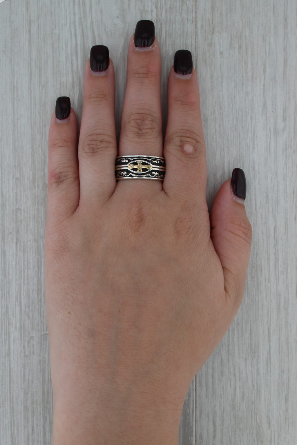 Konstantino Ornate Cross Ring Sterling Silver 18k Gold Band Size 10.5