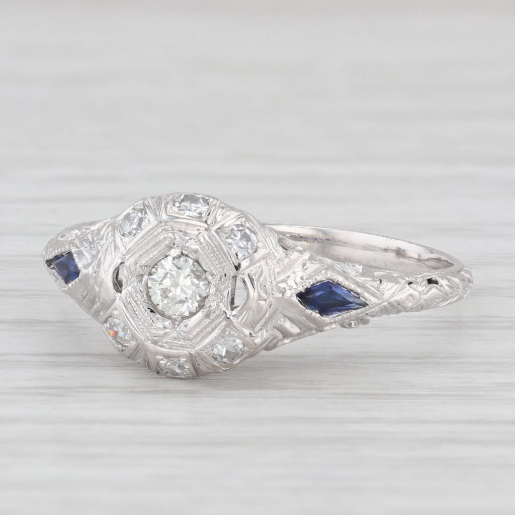 Light Gray Art Deco 0.38ctw Diamond Lab Created Sapphire Engagement Ring 18k White Gold