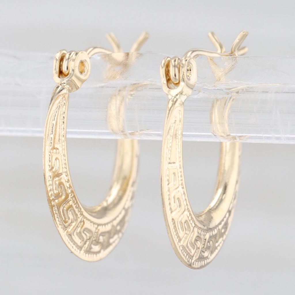 Greek Key Pattern Hoop Earrings 14k Yellow Gold Snap Top Round Hoops