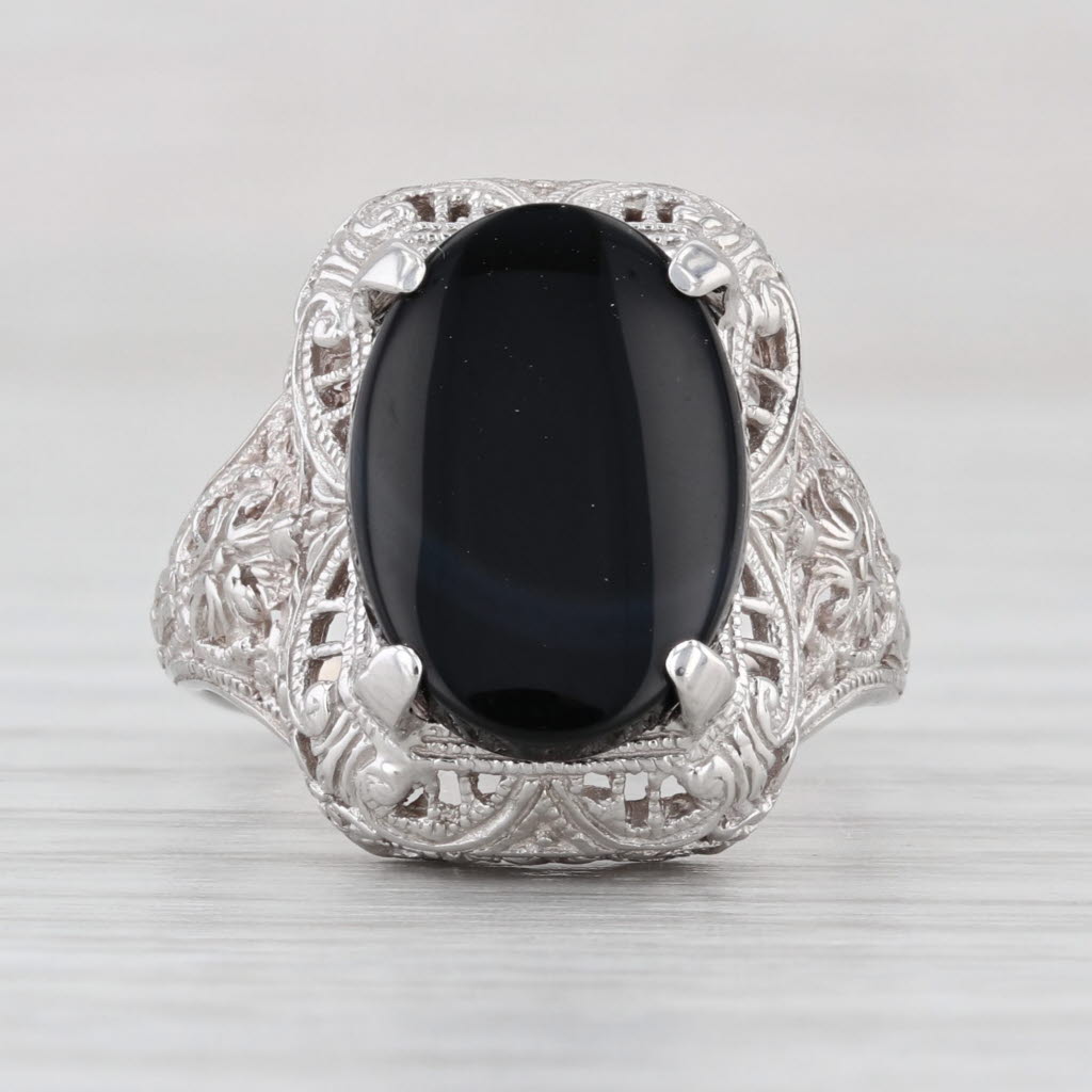 Vintage Oval Onyx Floral Filigree Ring 14k White Gold Size 6.75