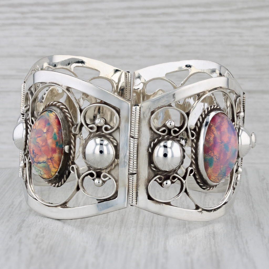 Gray Imitation Opal Glass Statement Bracelet Sterling Silver Vintage Ornate 7.25"