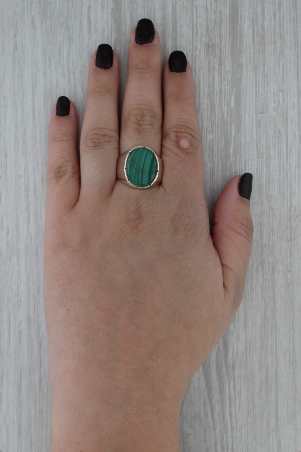 Vintage Oval Green Malachite Ring Sterling Silver Taxco Mexico Size 9.5