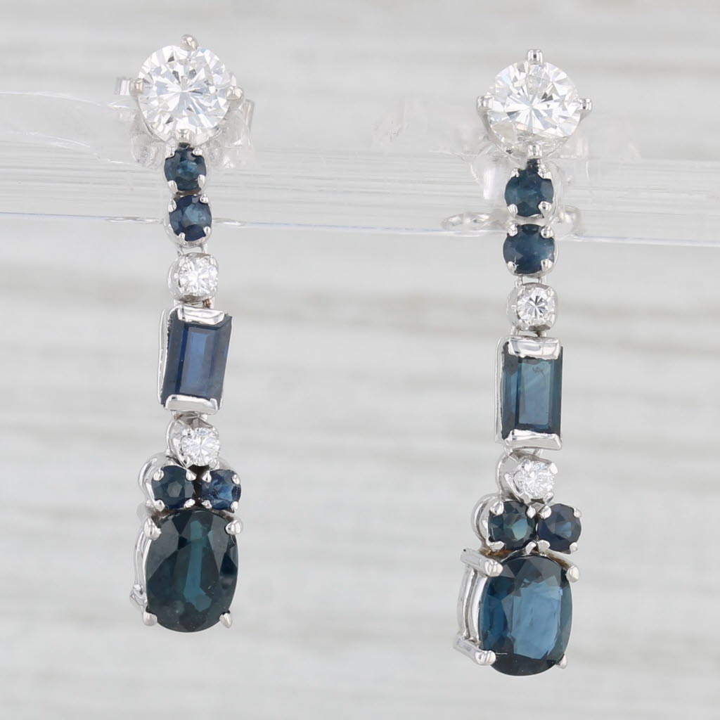 Light Gray 2.64ctw Diamond Sapphire Journey Dangle Earrings 14k White Gold Pierced Drops