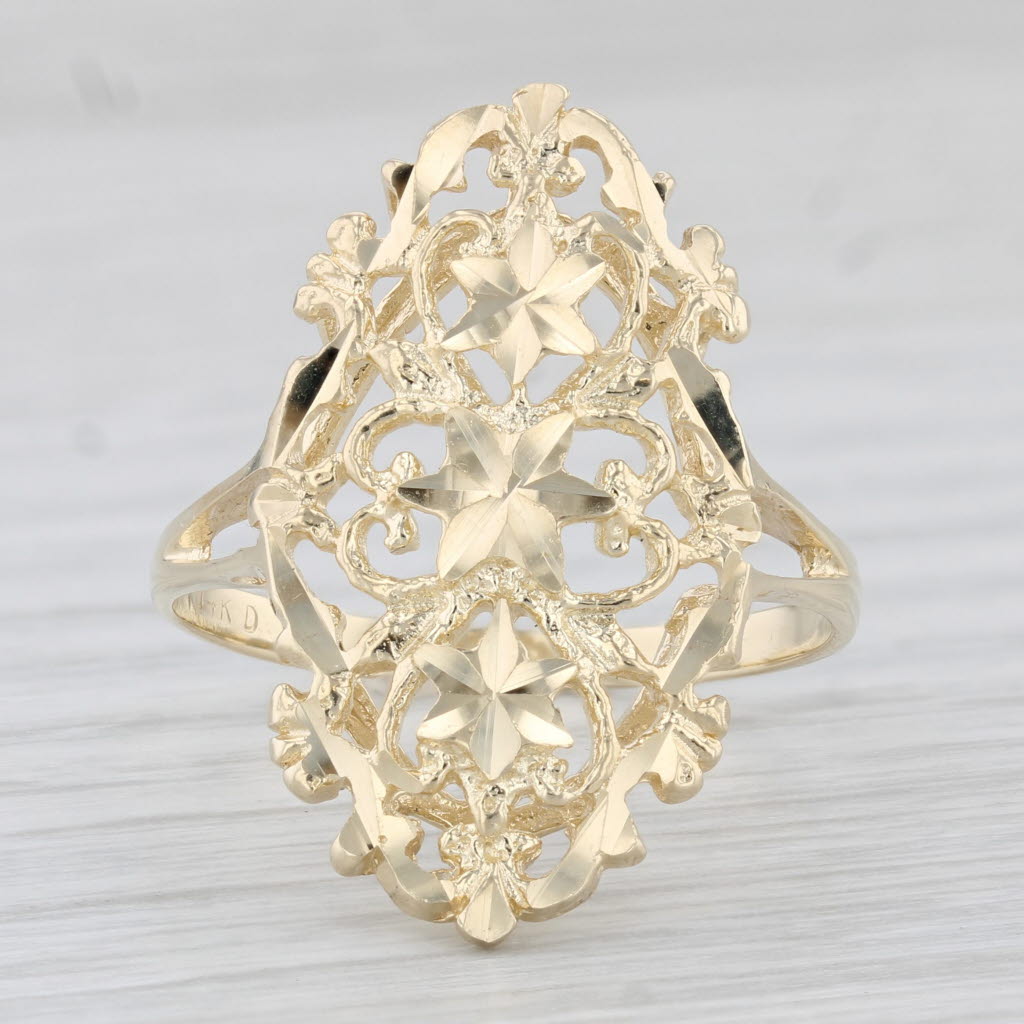Light Gray Ornate Floral Openwork Ring 14k Yellow Gold Size 10.5 Statement