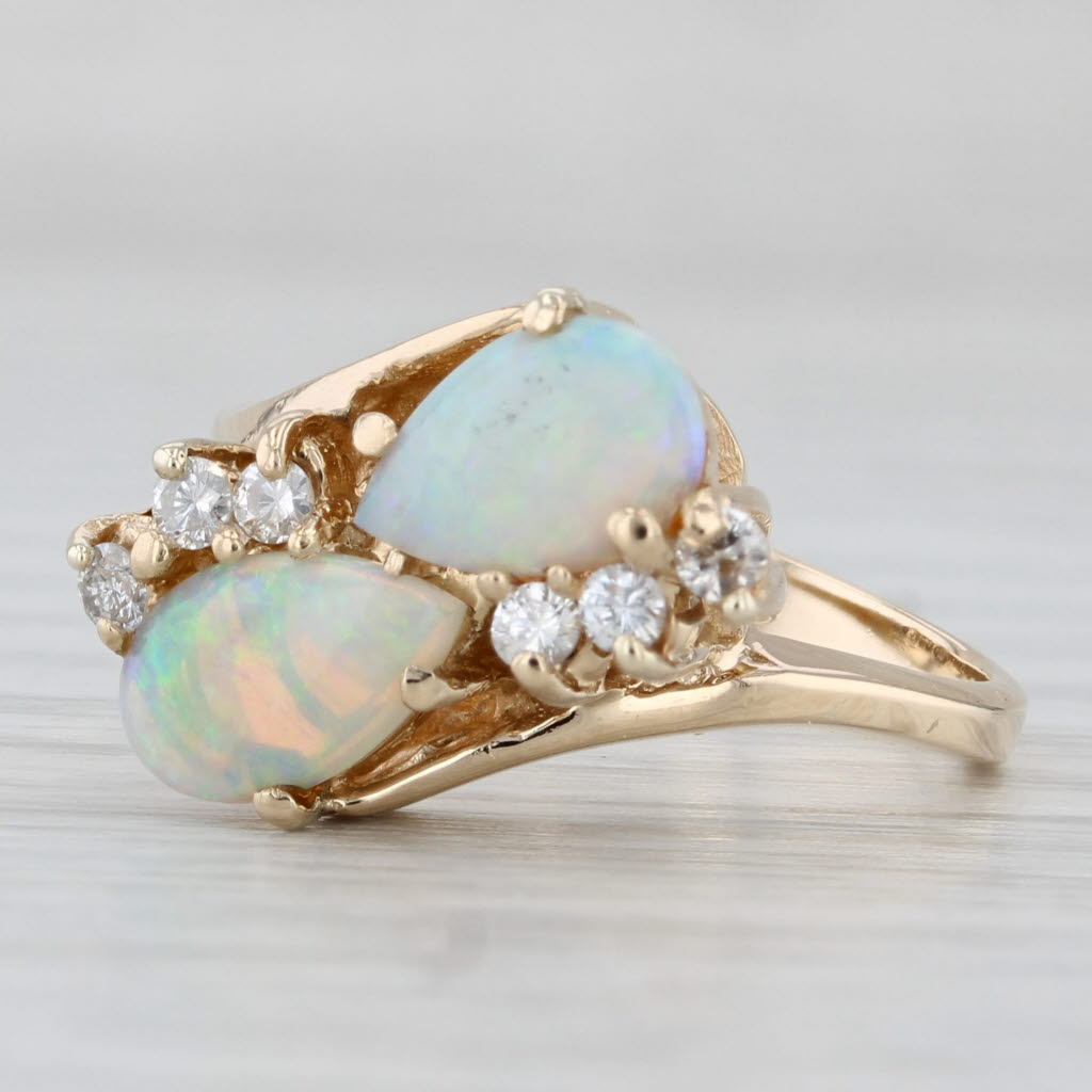 Light Gray Vintage Opal Diamond Bypass Ring 14k Yellow Gold Size 6.5