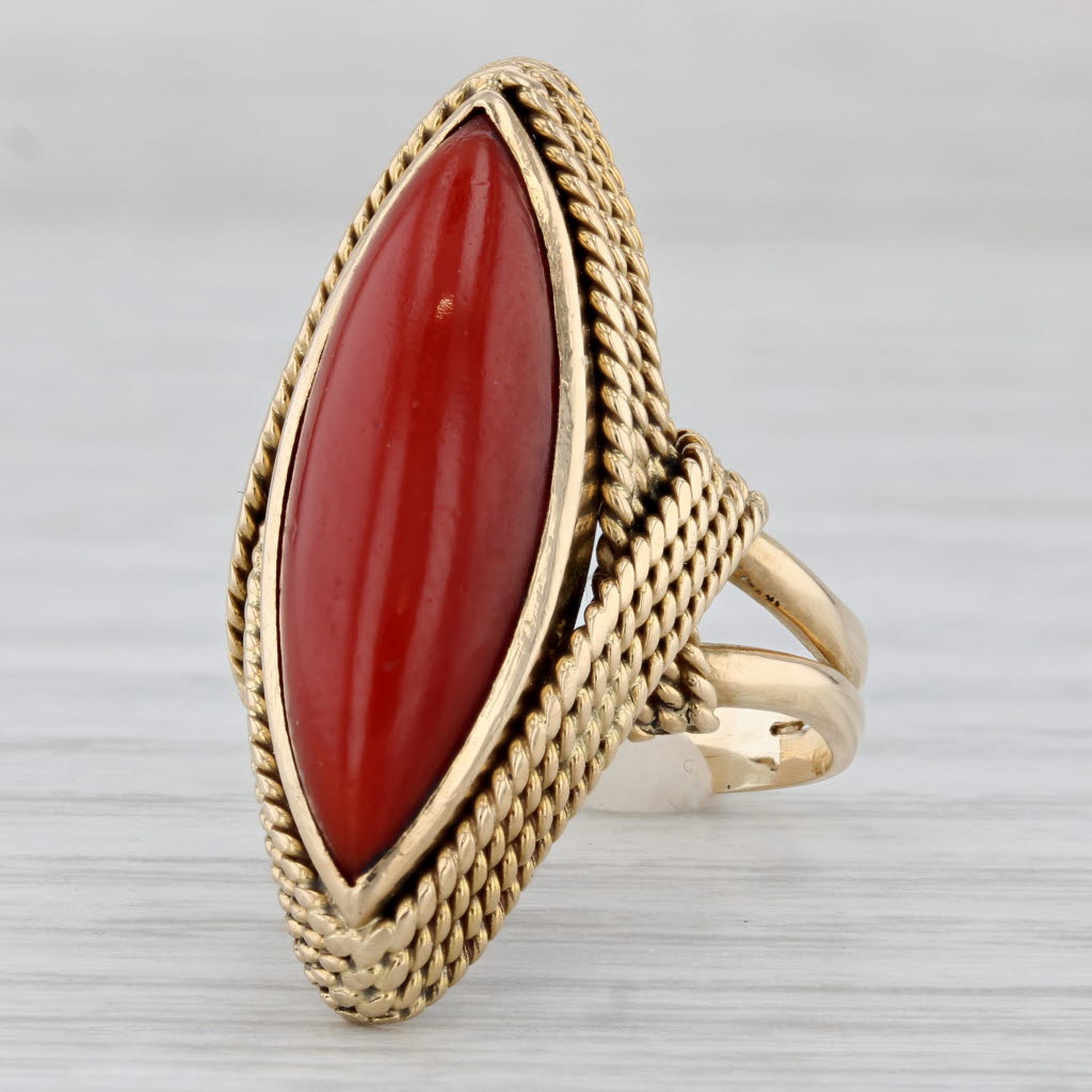 Light Gray Vintage Red Coral Marquise Cabochon Ring 14k Yellow Gold Size 7