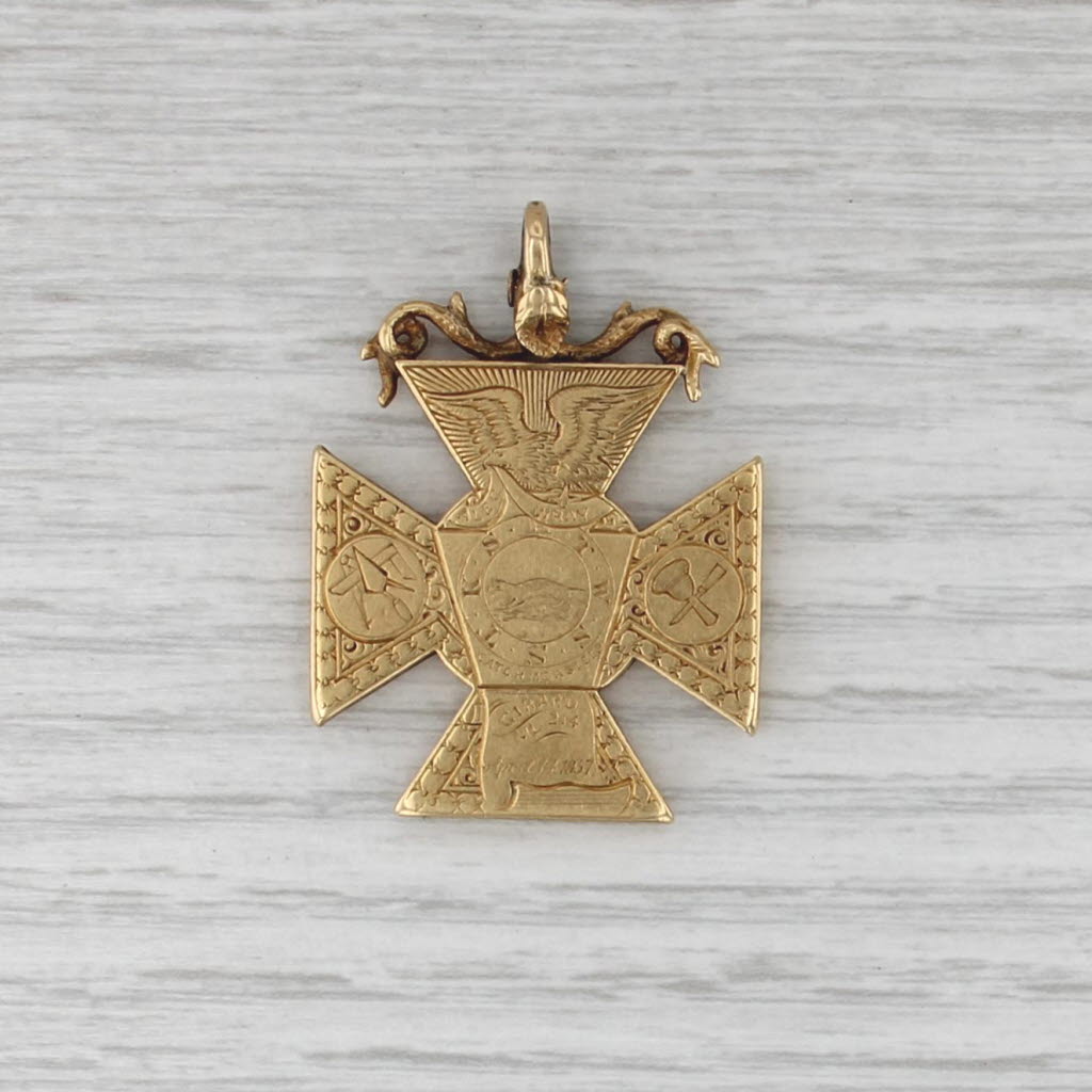 Antique Mark Master Mason Royal Arch Cross Fob 18k Gold 1800s Engraved Masonic