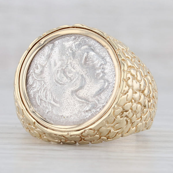 Light Gray Greek Style Coin Signet Ring 14k Yellow Gold 98 Silver Size 12.25 Nugget Band
