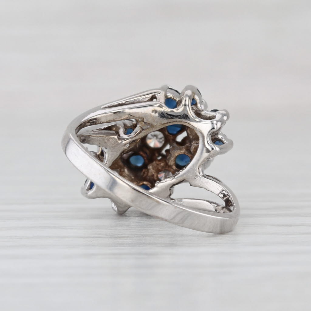 0.89ctw Blue Sapphire Diamond Flower Cluster Bypass Ring 14k White Gold Size 6